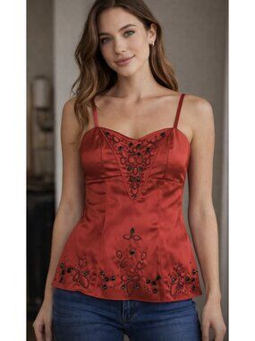 VINTAGE CACHE Satin Embellished Strappy Top in Red Medium Y2K 90s Friends Glam